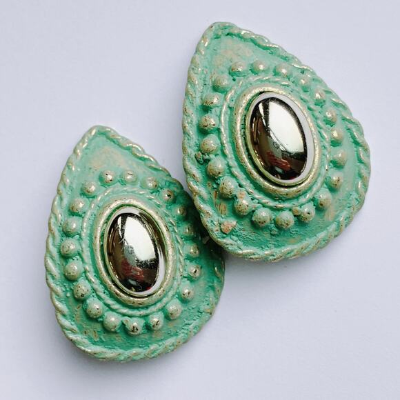 VTG 80s Mint Green Clip On Earrings Teardrop Reflective Metallic Cabochon Artsy - Picture 6 of 9